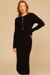 Robe pull mi-longue vintage à manches longues et découpes - Noir